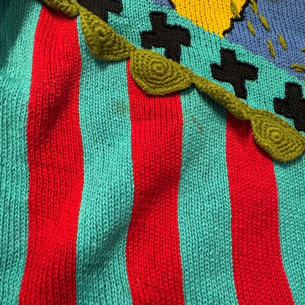 90s Vintage Retro Ann Wi Geometric Argyle Striped Knit Polo Sweater Large Beaded - Picture 5 of 15